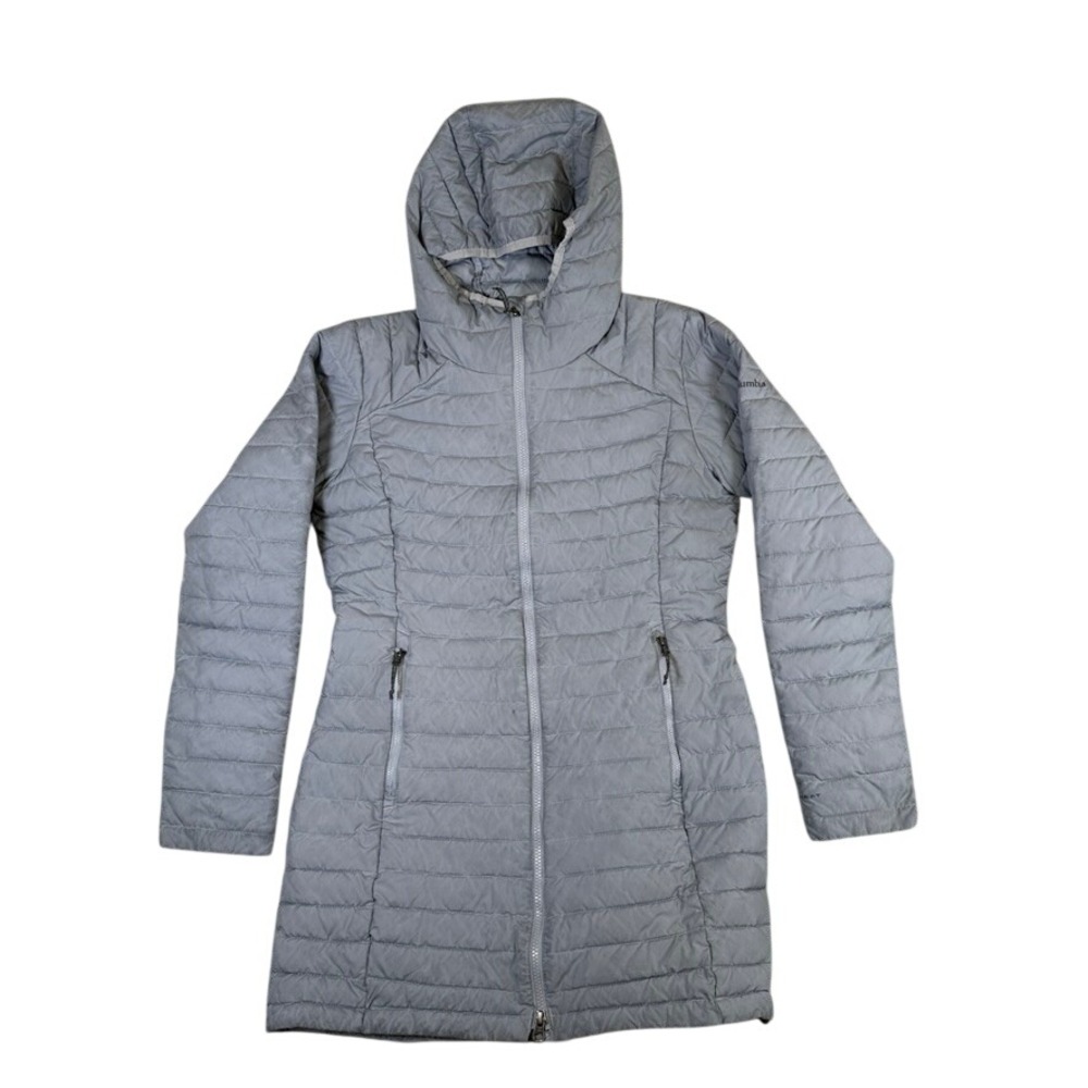 Columbia Omni-Heat Hooded Puffer Jacket Grey Long Quilted Coat Womens Medium